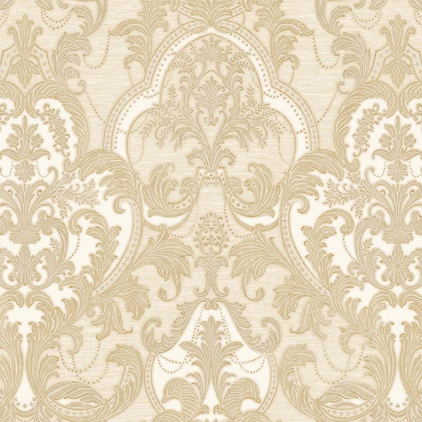 Light Beige, Gold Luxury 3D Damask Wallpaper, Premium Sparkling Velvet Feeling Flocked Wallcovering - Walloro High End Wallcoverings & More