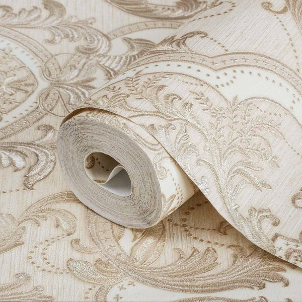 Light Beige, Gold Luxury 3D Damask Wallpaper, Premium Sparkling Velvet Feeling Flocked Wallcovering - Adawall Wallpaper - Registered Trade Accounts Only, Wallpaper Wholesale Account - 1002-5 - Adawall Wholesale - Wallpaper Wholesaler