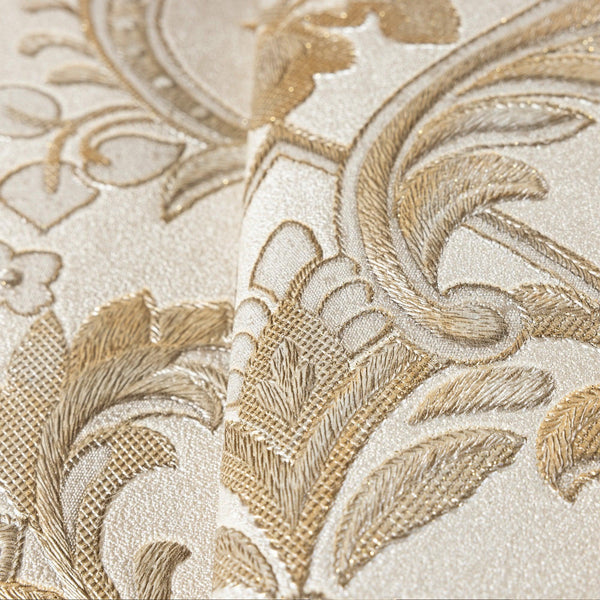 Light Gray, Gold Timeless Ornate Embossed Wallpaper, Fabric Like Rich Textured Luxury Wallcovering Design - Walloro High End Wallcoverings & More