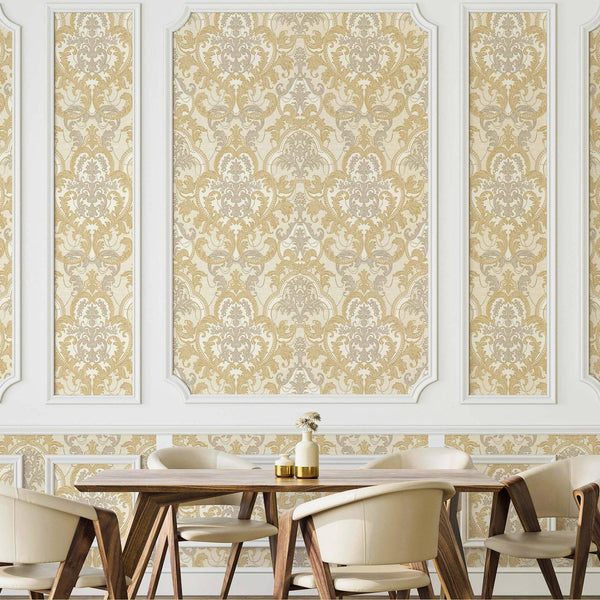 Light Tan, Gold Luxury 3D Damask Wallpaper, Premium Sparkling Velvet Feeling Flocked Wallcovering - Adawall Wallpaper - Registered Trade Accounts Only, Wallpaper Wholesale Account - 1002-6 - Adawall Wholesale - Wallpaper Wholesaler