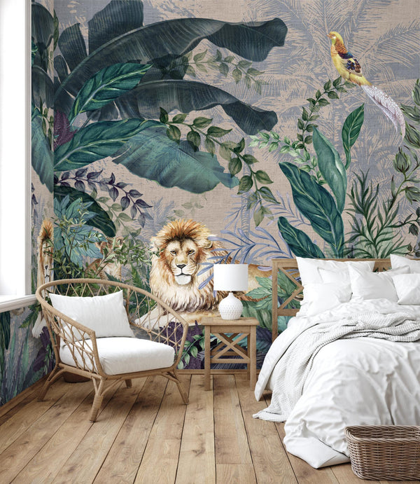 Lion Jungle Wall Mural, Gray Tropical Wall Mural, Interior Decor, Non-Pasted, Extra Large Wall Print, Removable, Forest Theme Wall Art - Walloro High End Wallcoverings & More