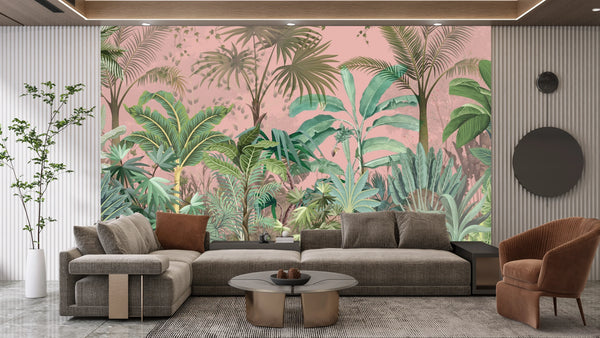 Jungle Wallpaper, Pink Sky Mural, Oversized Custom Size Wall Art, Non-Woven, Non-Adhesive, Modern Wall Paper, Removable