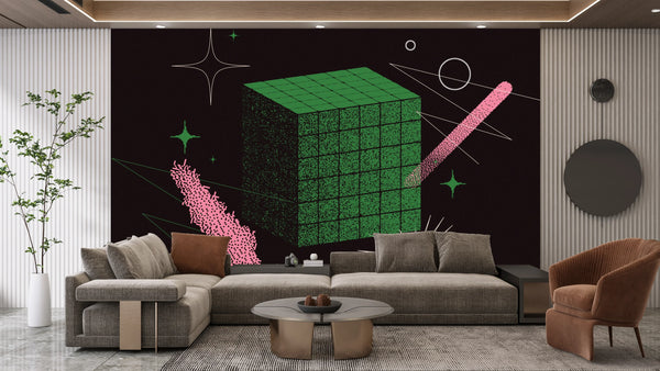Green Cube Wallpaper, Abstract Geometric Shapes Mural, Oversized Custom Size Wall Art, Non-Woven, Non-Adhesive, Modern Wall Paper, Removable