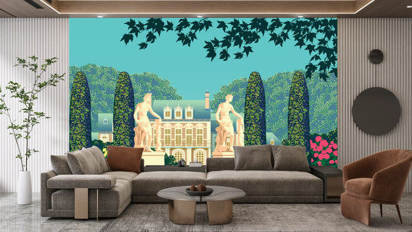 Flower Garden Wallpaper, House and Statues Mural, Oversized Custom Size Wall Art, Non-Woven, Non-Adhesive, Modern Wall Paper, Removable
