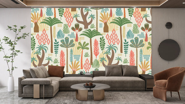 Ethnic Tropical Wallpaper, Seamless Pattern Mural, Oversized Custom Size Wall Art, Non-Woven, Non-Adhesive, Modern Wall Paper, Removable