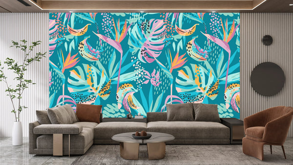 Abstract Tropical Leaves Wallpaper, Seamless Pattern Mural, Oversized Custom Size Wall Art, Non-Woven, Non-Adhesive, Modern Wall Paper, Removable