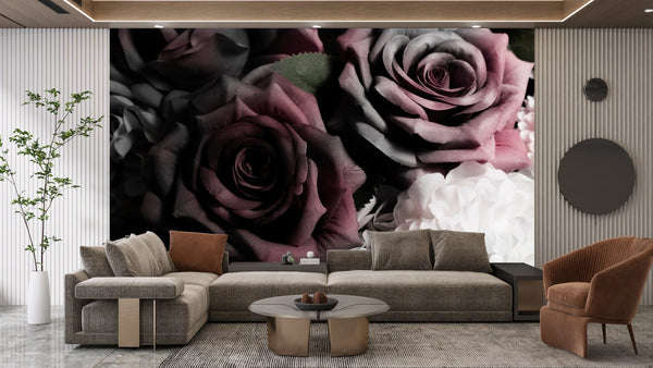 Beautiful Flowers Wallpaper, Dark Background Mural, Oversized Custom Size Wall Art, Non-Woven, Non-Adhesive, Modern Wall Paper, Removable