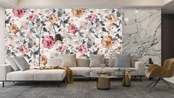 Elegant Beatiful Floral Wallpaper, Seamless Pattern Mural, Oversized Custom Size Wall Art, Non-Woven, Non-Adhesive, Modern Wall Paper, Removable