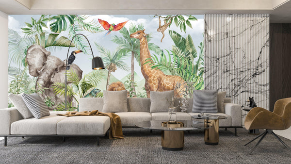 African Animals Wallpaper, Watercolor Wildlife Mural, Oversized Custom Size Wall Art, Non-Woven, Non-Adhesive, Modern Wall Paper, Removable