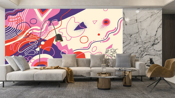 Abstract Shapes Wallpaper, Purple and Pink Mural, Oversized Custom Size Wall Art, Non-Woven, Non-Adhesive, Modern Wall Paper, Removable