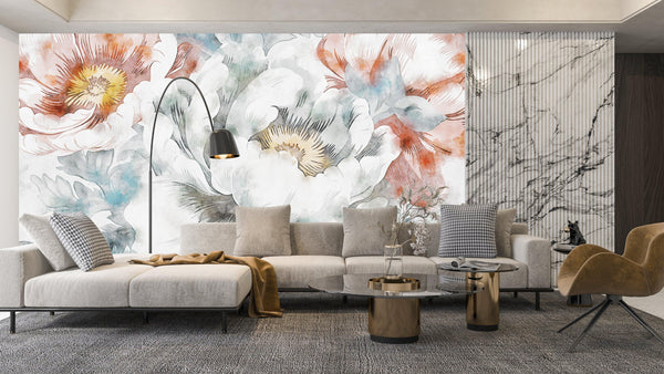 Watercolor Flowers Wallpaper, Hand-Painted Background Mural, Oversized Custom Size Wall Art, Non-Woven, Non-Adhesive, Modern Wall Paper, Removable