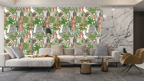 Cute Monkey Wallpaper, Seamless Pattern Mural, Oversized Custom Size Wall Art, Non-Woven, Non-Adhesive, Modern Wall Paper, Removable