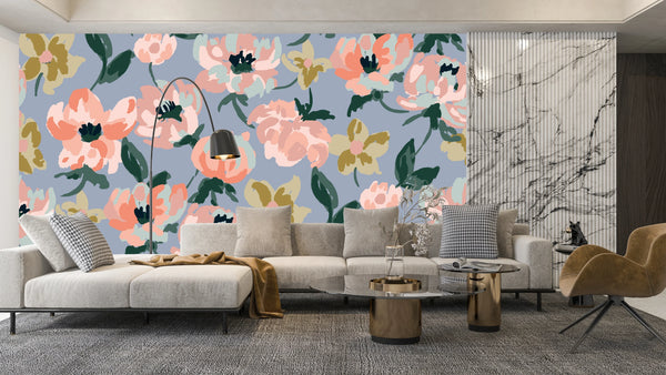 Abstract Floral, Blue Background Wallpaper, Seamless Pattern Mural, Oversized Custom Size Wall Art, Non-Woven, Non-Adhesive, Modern Wall Paper, Removable