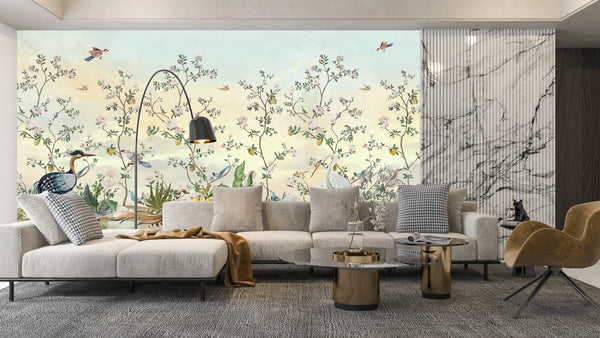 Blossom Trees Wallpaper, Chinoiserie Mural, Oversized Custom Size Wall Art, Non-Woven, Non-Adhesive, Modern Wall Paper, Removable