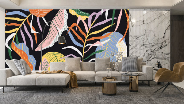 Colorful Leaves Wallpaper, Dark Background Mural, Oversized Custom Size Wall Art, Non-Woven, Non-Adhesive, Modern Wall Paper, Removable