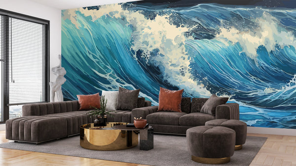 Big Wave in a Raging Sea Wallpaper, Oil Painting Mural, Oversized Custom Size Wall Art, Non-Woven, Non-Adhesive, Modern Wall Paper, Removable