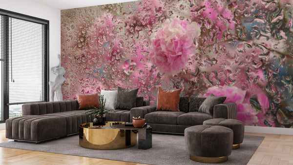 Pink Flowers Wallpaper, Through Glass, Water Drops Mural, Oversized Custom Size Wall Art, Non-Woven, Non-Adhesive, Modern Wall Paper, Removable