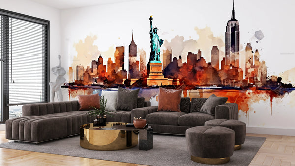 New York Wallpaper, Watercolor Mural, Oversized Custom Size Wall Art, Non-Woven, Non-Adhesive, Modern Wall Paper, Removable