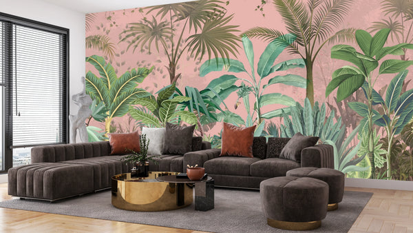 Jungle Wallpaper, Pink Sky Mural, Oversized Custom Size Wall Art, Non-Woven, Non-Adhesive, Modern Wall Paper, Removable