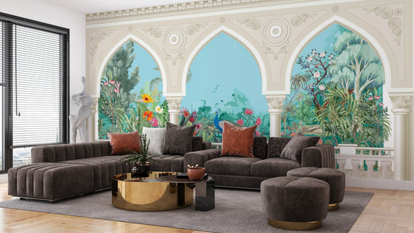 Chinoiserie Garden Arch Wallpaper, Peacock Mural, Oversized Custom Size Wall Art, Non-Woven, Non-Adhesive, Modern Wall Paper, Removable