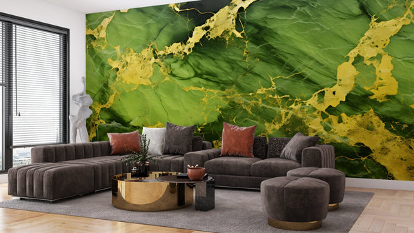 Light Green Marble Wallpaper, Gold Abstract Mural, Oversized Custom Size Wall Art, Non-Woven, Non-Adhesive, Modern Wall Paper, Removable