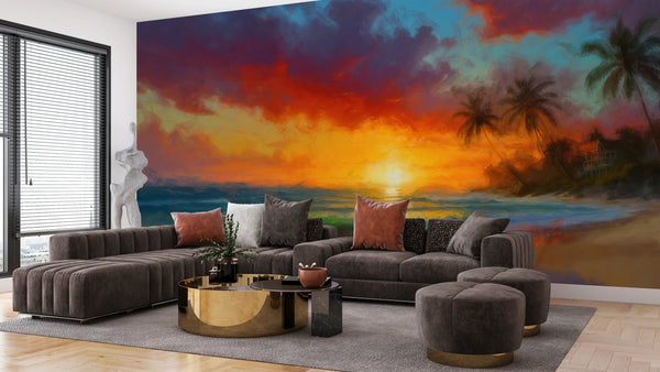 Tropical Beach, Golden Hour Wallpaper, Oil Painting Mural, Oversized Custom Size Wall Art, Non-Woven, Non-Adhesive, Modern Wall Paper, Removable