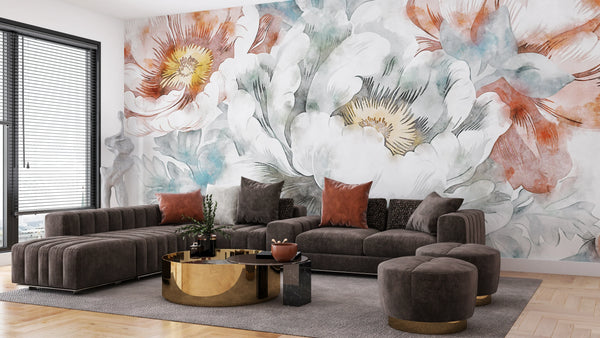 Watercolor Flowers Wallpaper, Hand-Painted Background Mural, Oversized Custom Size Wall Art, Non-Woven, Non-Adhesive, Modern Wall Paper, Removable