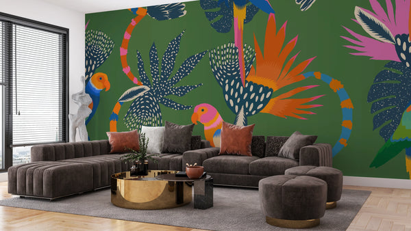 Exotic Abstract Wallpaper, Parrots Mural, Oversized Custom Size Wall Art, Non-Woven, Non-Adhesive, Modern Wall Paper, Removable