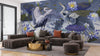 Birds Wallpaper, Lotus and Blue Background Mural, Oversized Custom Size Wall Art, Non-Woven, Non-Adhesive, Modern Wall Paper, Removable