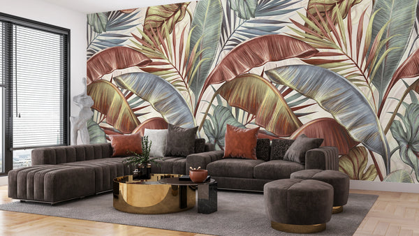 Brown and Green Leaves Wallpaper, Natural Wall Mural, Oversized Custom Size Wall Art, Non-Woven, Non-Adhesive, Modern Wall Paper, Removable