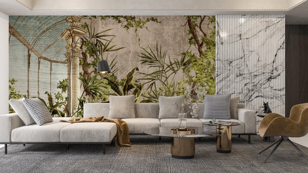 Greenhouse with a Column Wallpaper, Plants Mural, Oversized Custom Size Wall Art, Non-Woven, Non-Adhesive, Modern Wall Paper, Removable