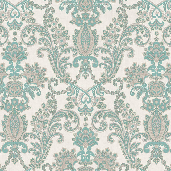 Luxury Deep Embossed Aqua Damask Wallpaper, Beach House Shiny 3D Blue Textured Wallcovering, 114 sq ft Roll, Coastal Turquoise Wallpaper - Walloro High End Wallcoverings & More