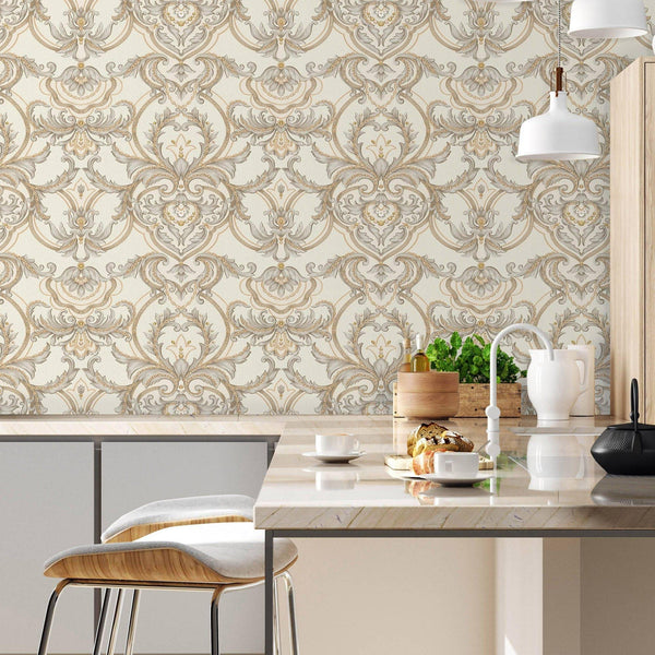 Luxury Deep Embossed Damask Wallpaper, Cream, Silver, Home & Commercial Use Decorative Wallcovering, Washable, Sturdy - Adawall Wallpaper - Registered Trade Accounts Only, Wallpaper Wholesale Account - 1308-2 - Adawall Wholesale - Wallpaper Wholesaler