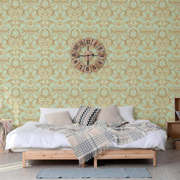 Luxury Deep Embossed Damask Wallpaper, Green, Gold Home & Commercial Use Decorative Wallcovering, Washable, Sturdy - Walloro High End Wallcoverings & More