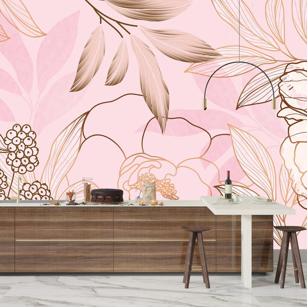 Luxury Golden, Pink Wallpaper, Tropical Flower Mural, Oversized Custom Size Wall Art, Non - Woven, Non - Adhesive, Modern Wall Paper, Removable - Adawall Wallpaper - Registered Trade Accounts Only, Wallpaper Wholesale Account - W77938 - Adawall Wholesale - Wallpaper Wholesaler