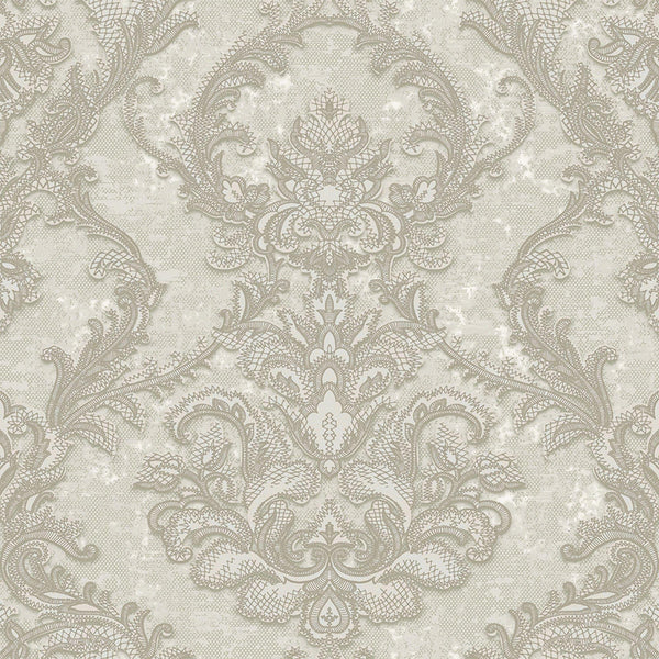 Luxury Sparkling Deep Embossed Damask Wallpaper, Gray, Light Tan Beautiful Flocked Shimmering Rich Textured Wallcovering - Walloro High End Wallcoverings & More