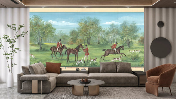 Men Ride Horses on the Field, Dogs Wallpaper, Composition Mural, Oversized Custom Size Wall Art, Non - Woven, Non - Adhesive, Modern Wall Paper, Removable - Adawall Wallpaper - Registered Trade Accounts Only, Wallpaper Wholesale Account - W77667 - Adawall Wholesale - Wallpaper Wholesaler