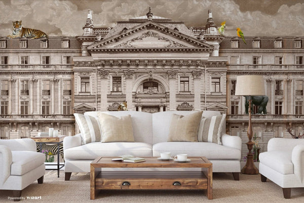Modern Animals Building Wallpaper, Beige Jungle Wall Mural, Custom Size Architecture Wall Covering, Non - Woven, Non - Adhesive, Washable, Removable - Adawall Wallpaper - Registered Trade Accounts Only, Wallpaper Wholesale Account - FJ308-3 - Adawall Wholesale - Wallpaper Wholesaler