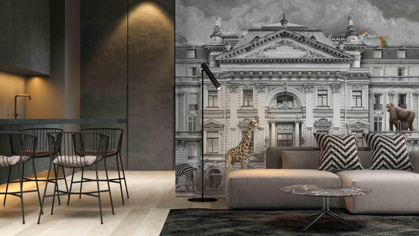 Modern Animals Building Wallpaper, Gray Jungle Wall Mural, Custom Size Architecture Wall Covering, Non - Woven, Non - Adhesive, Washable, Removable - Adawall Wallpaper - Registered Trade Accounts Only, Wallpaper Wholesale Account - FJ308-1 - Adawall Wholesale - Wallpaper Wholesaler