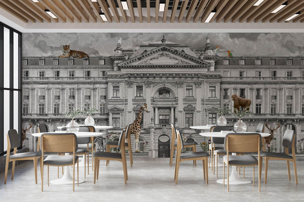 Modern Animals Building Wallpaper, Gray Jungle Wall Mural, Custom Size Architecture Wall Covering, Non - Woven, Non - Adhesive, Washable, Removable - Adawall Wallpaper - Registered Trade Accounts Only, Wallpaper Wholesale Account - FJ308-1 - Adawall Wholesale - Wallpaper Wholesaler