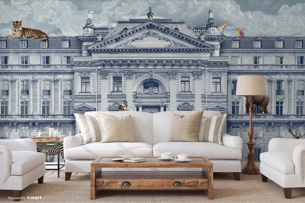 Modern Animals Building Wallpaper, Light Blue Jungle Wall Mural, Custom Size Architecture Wall Covering, Non - Woven, Non - Adhesive, Washable, Removable - Adawall Wallpaper - Registered Trade Accounts Only, Wallpaper Wholesale Account - FJ308-2 - Adawall Wholesale - Wallpaper Wholesaler