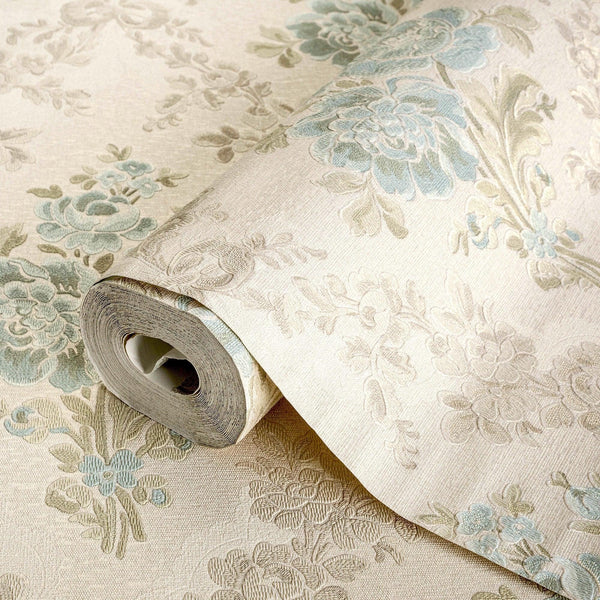 Modern Creamy, Teal Flower Wallpaper, Home Wall Decor, Aesthetic Wallpaper, Textured Wallcovering Non - Adhesive and Non - Peel and Stick - Adawall Wallpaper - Registered Trade Accounts Only, Wallpaper Wholesale Account - 5802-3 - Adawall Wholesale - Wallpaper Wholesaler