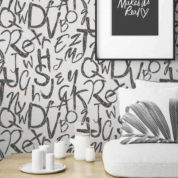 Modern Letters Wallpaper, Rich Textured Wallcovering, Traditional, Kids Room, Large 114 sq ft Roll, Washable, Alphabets, White N Black - Adawall Wallpaper - Registered Trade Accounts Only, Wallpaper Wholesale Account - 4702-2 - Adawall Wholesale - Wallpaper Wholesaler