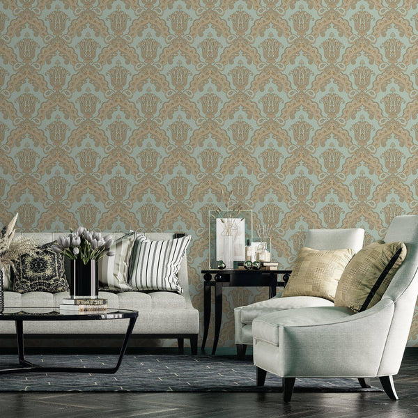 Modern Light Teal, Gold Damask Wallpaper, Home Wall Decor, Aesthetic Wallpaper, Textured Wallcovering Non-Adhesive and Non-Peel and Stick - Walloro High End Wallcoverings & More