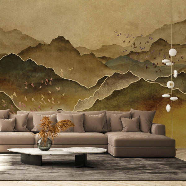 Mountain Scenic Wall Mural, Yellow Nature Wallpaper, Custom Size Wall Covering, Non-Woven, Non-Pasted, Removable, Washable, Extra Large Bird Art - Walloro High End Wallcoverings & More