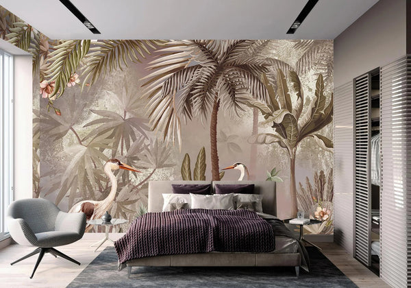 Nature Forest Wallpaper, Birds Palm Tree Wall Mural, Brown Jungle Theme Large Wall Art, Non - Woven, Non - Adhesive, Removable, Exotic Wall Paper - Adawall Wallpaper - Registered Trade Accounts Only, Wallpaper Wholesale Account - A317-3 - Adawall Wholesale - Wallpaper Wholesaler