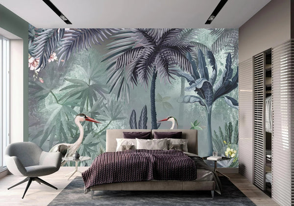 Nature Forest Wallpaper, Birds Palm Tree Wall Mural, Green Jungle Theme Large Wall Art, Non - Woven, Non - Adhesive, Removable, Exotic Wall Paper - Adawall Wallpaper - Registered Trade Accounts Only, Wallpaper Wholesale Account - A317-1 - Adawall Wholesale - Wallpaper Wholesaler