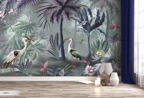 Nature Forest Wallpaper, Birds Palm Tree Wall Mural, Green Jungle Theme Large Wall Art, Non - Woven, Non - Adhesive, Removable, Exotic Wall Paper - Adawall Wallpaper - Registered Trade Accounts Only, Wallpaper Wholesale Account - A317-1 - Adawall Wholesale - Wallpaper Wholesaler
