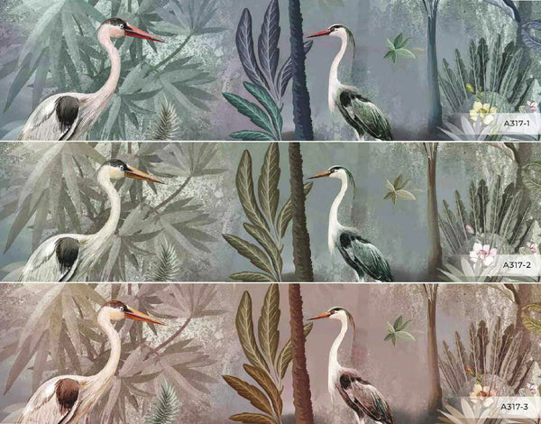 Nature Forest Wallpaper, Birds Palm Tree Wall Mural, Light Green Jungle Theme Large Wall Art, Non-Woven, Non-Adhesive, Removable, Exotic Wall Paper - Walloro High End Wallcoverings & More