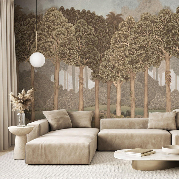 Nature Scene Trees Wall Mural, Beige Forest Wallpaper, Large Landscape Custom Size Wall Covering, Non-Woven, Non-Pasted, Removable, Washable, Art - Walloro High End Wallcoverings & More